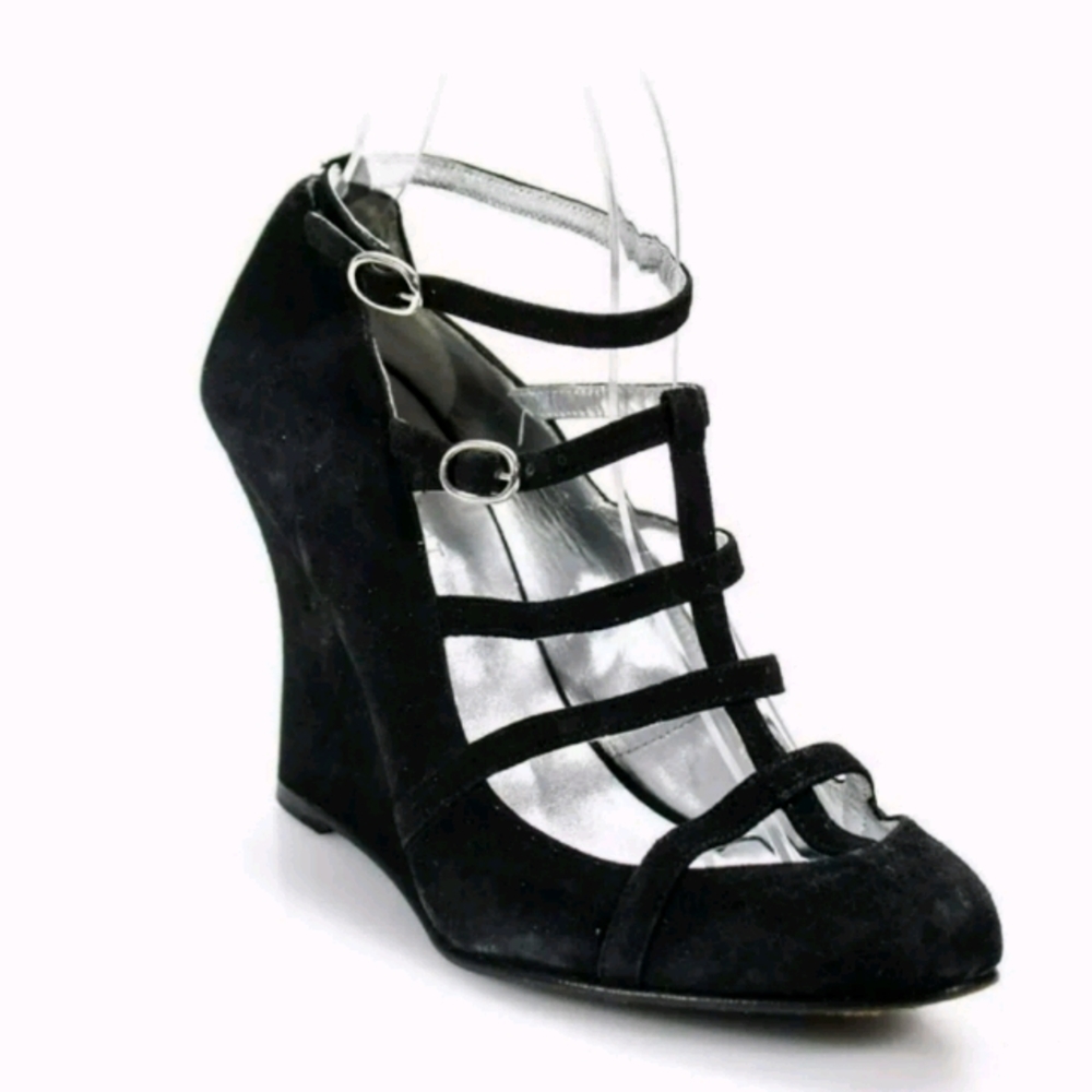 JILL STUART SUEDE CAGED WEDGES PUMPS BLACK HEELS